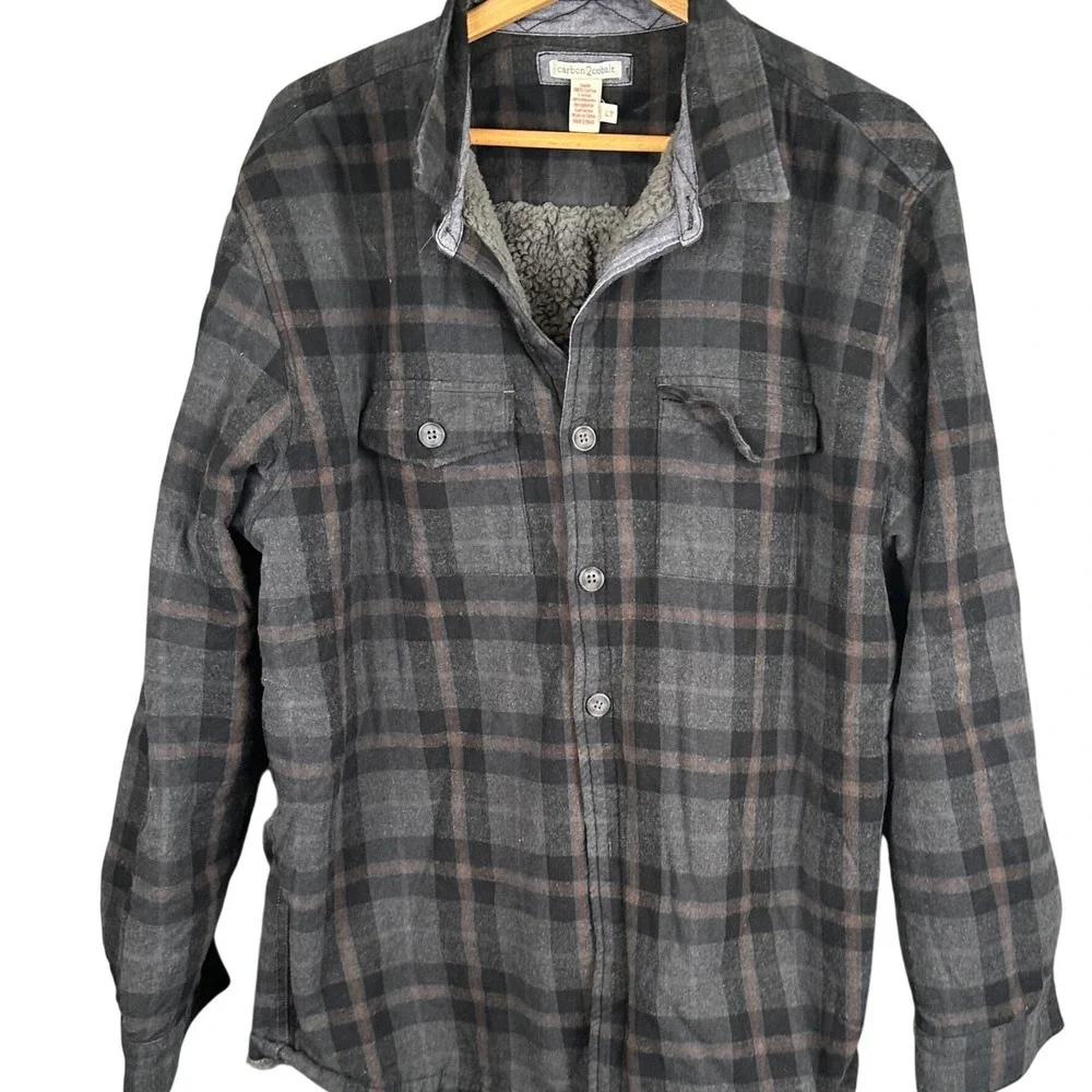 Carbon2Cobalt Mens Sherpa Lined Plaid Flannel Shirt Jacket Grey Brown LT 111154